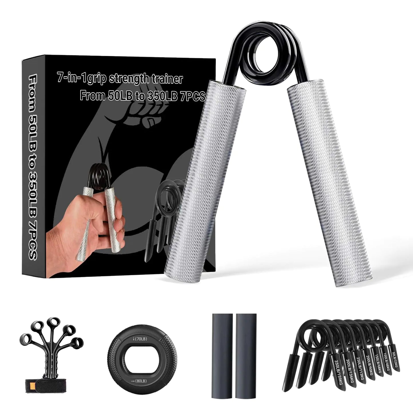 LI FITNESS Grip Strength Trainer Grip Strengthener Set 7 Pack 50 - 350LBS Metal Heavy Grippers Wrist Forearm Strengthener Hand Grip Strengthener with Grip Ring & Finger Exerciser and Protection Foam
