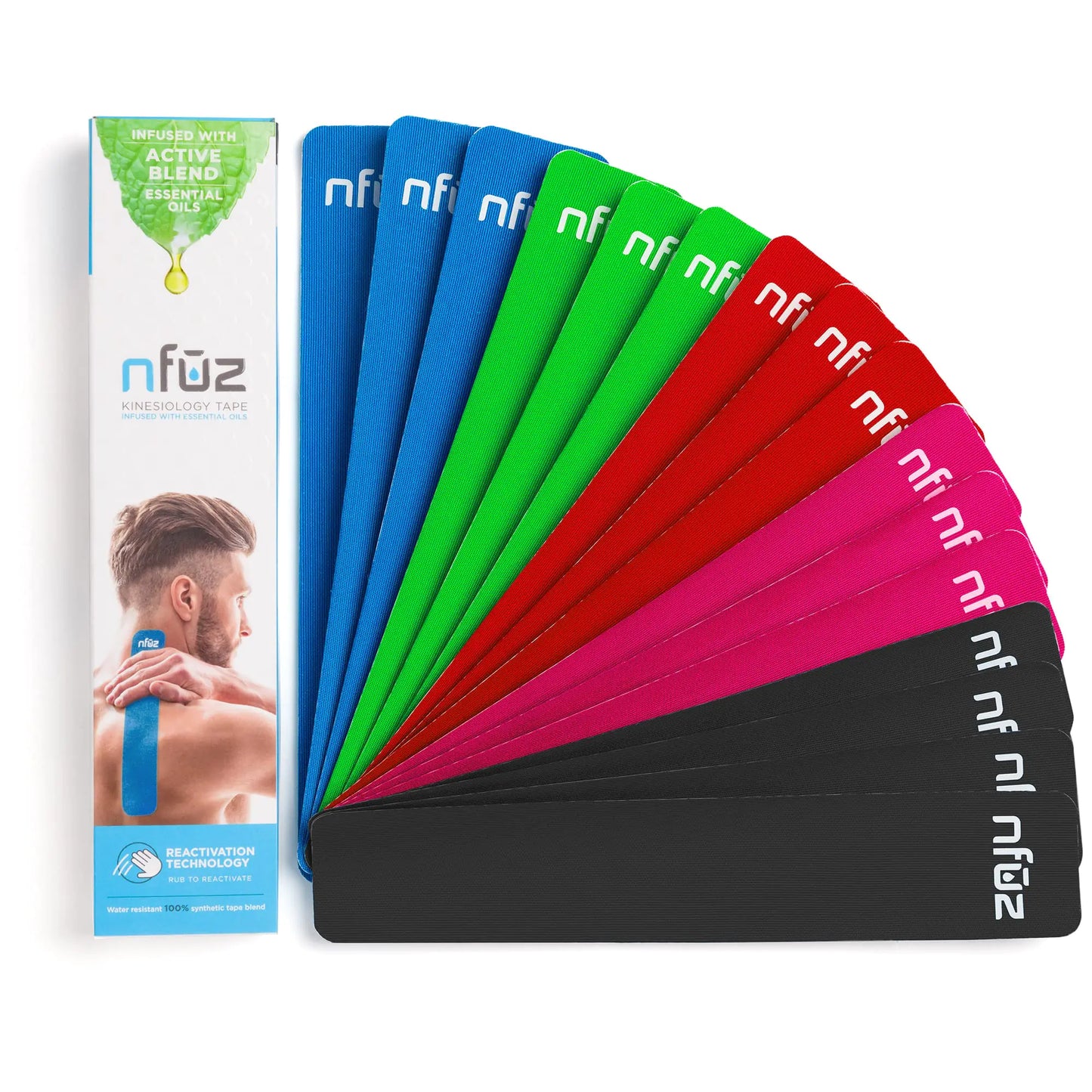 Essential Oils Infused Kinesiology Tape - NFUZ Tape - Active Blend - Aromatherapy Oils Athletic Tape - K Tape Precut Strips Sports Recovery Body Muscle Pain Relief KTape (16 Count Multicolor)